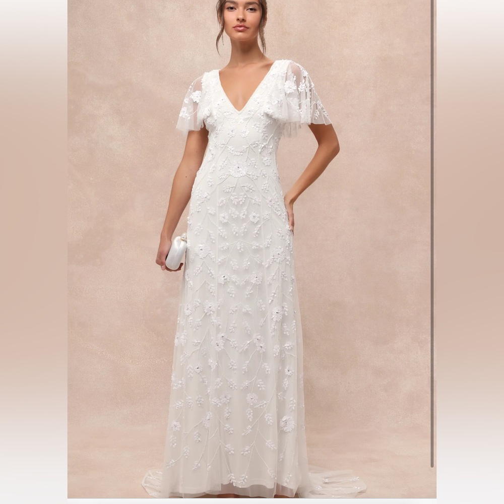 NWT Lulus Safiya White Sequin Flutter Sleeve Maxi Dress - Picture 1 of 5